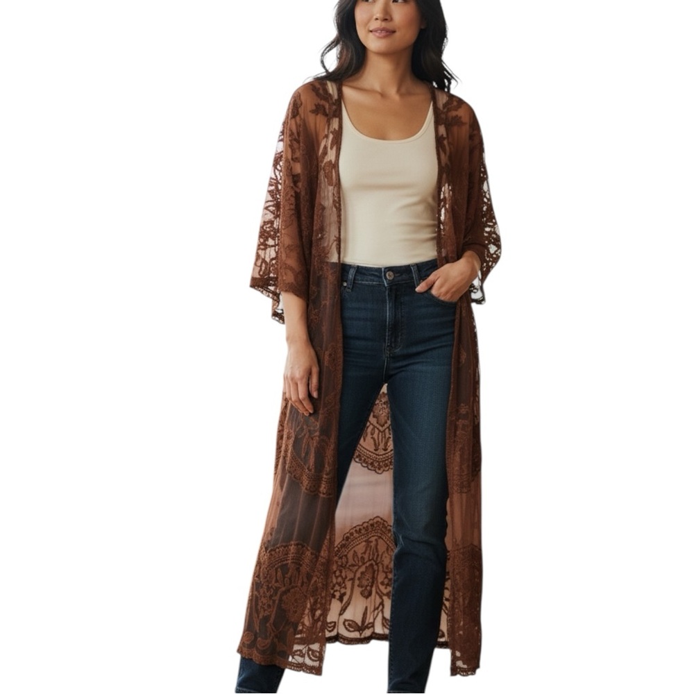 mi ami Brown Sheer Embroidered Cotton Blend Long Line Open Kimono - Extra Large